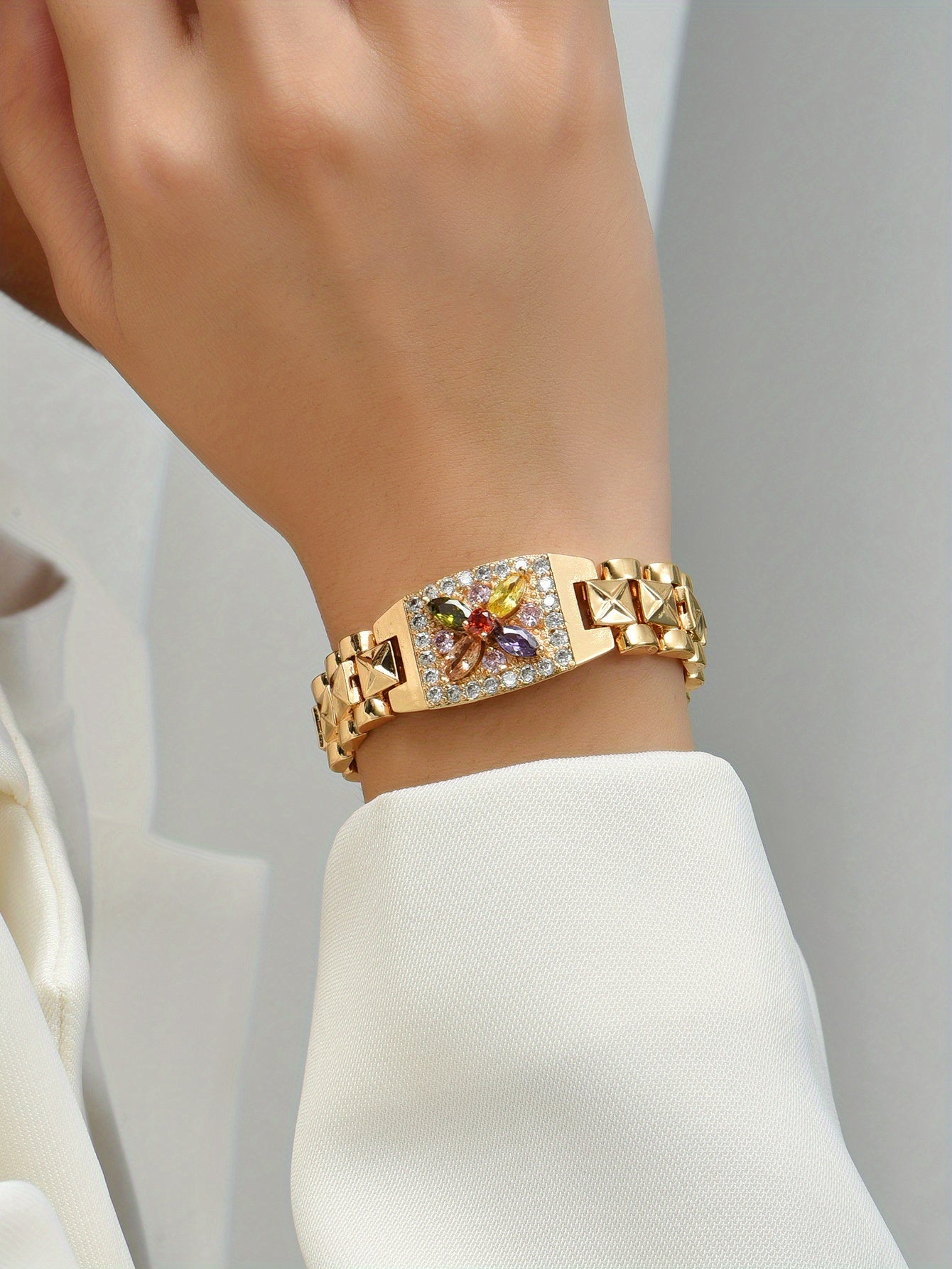 Golden-Tone Zirconia Flower Bracelet